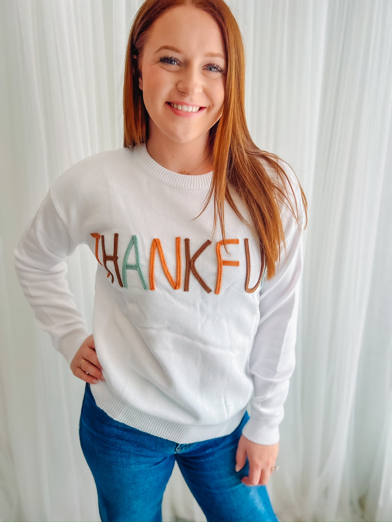 "Thankful" White Sweater