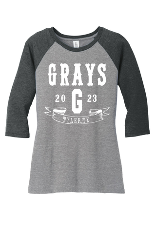 District Womens Perfect Tri 3/4-Sleeve Raglan - Black Frost/Gray Frost Banner Design