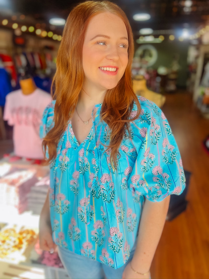 Sky Blue Floral Striped Blouse