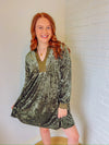 Jungle Green Velvet Long Sleeve V Neck Dress