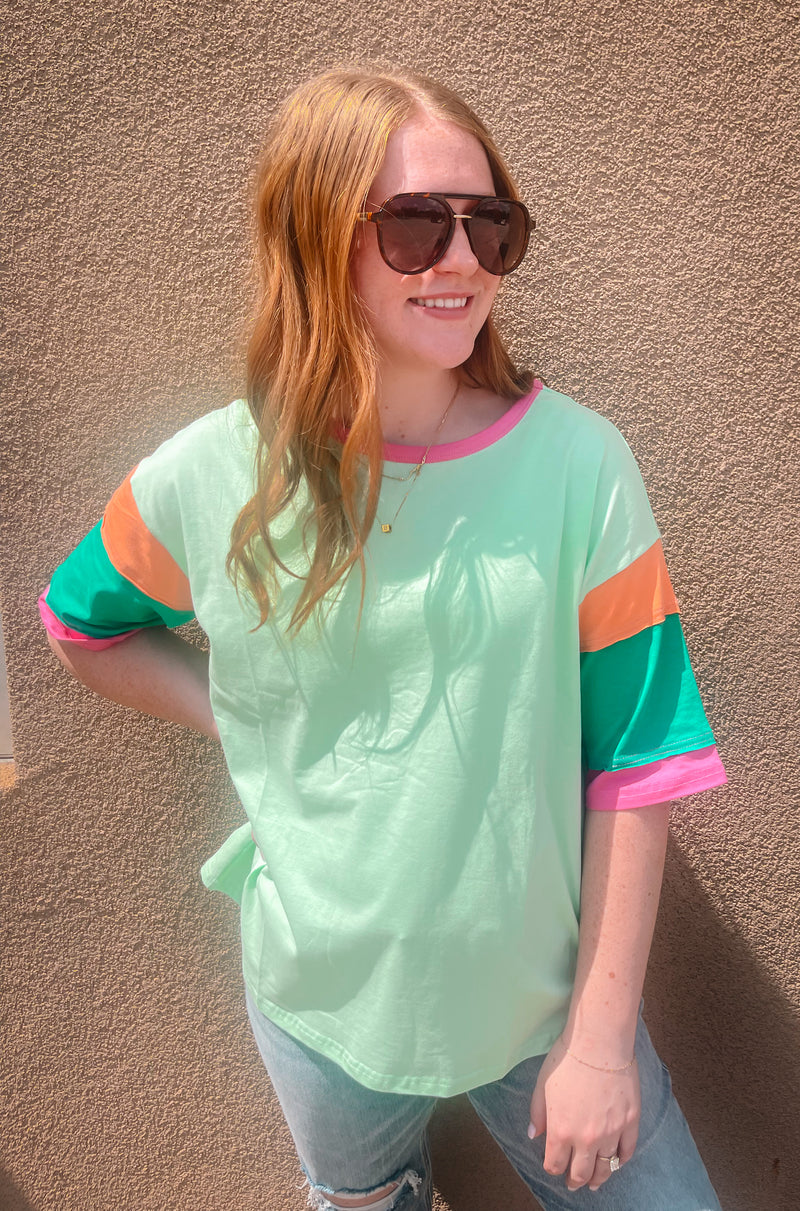 Green Color Block Stitching Round Neck Oversize Top