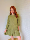 Jungle Green Puff Sleeve Buttoned Shirt Dress