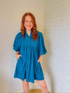 Light Blue Buttoned Balloon Sleeve Corduroy Dress