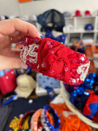 Red and White Game Day Knotted Beaded Headband