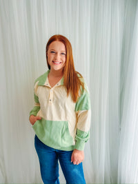 Laurel Green Colorblock Patchwork Buttoned Collar Kangaroo Pocket Sweatshirt