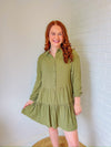 Jungle Green Puff Sleeve Buttoned Shirt Dress