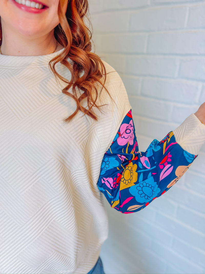 White Contrast Floral Sleeve Textured Drop Shoulder Knit Top