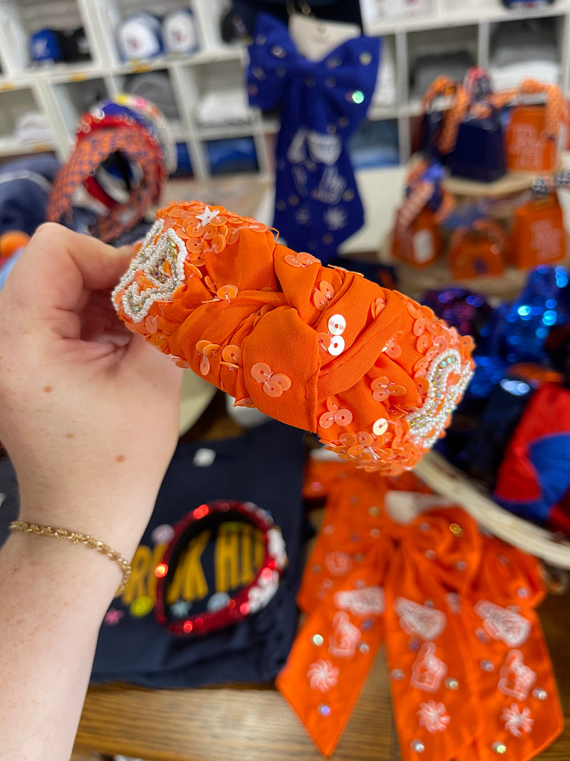 Orange and White Game Day Knotted Beaded Headband