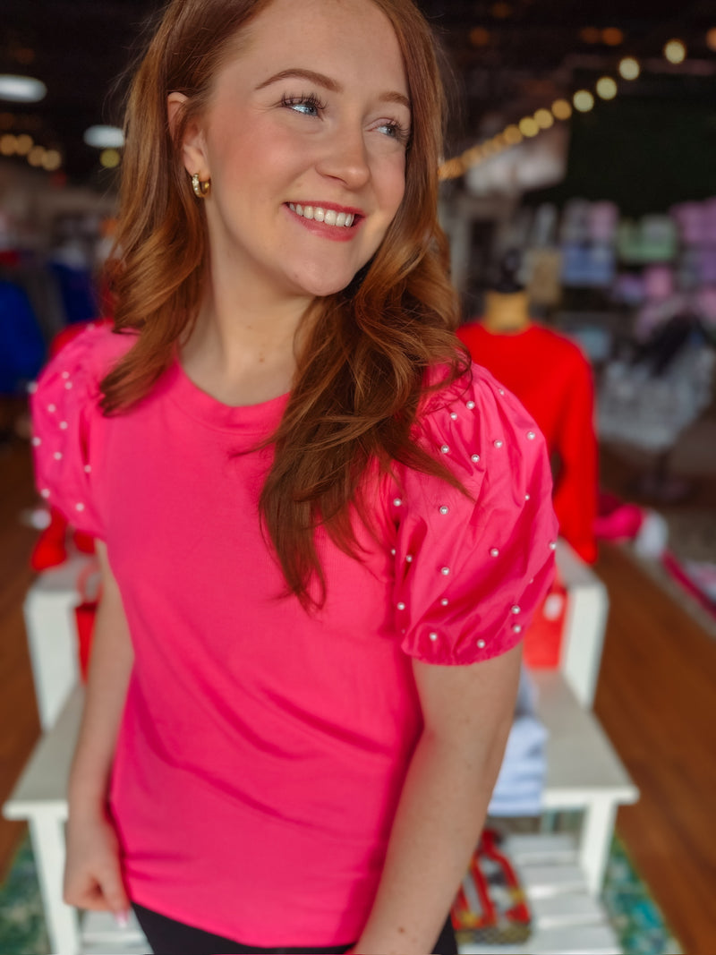 Bright Pink Ribbed Pearl Sleeve Top