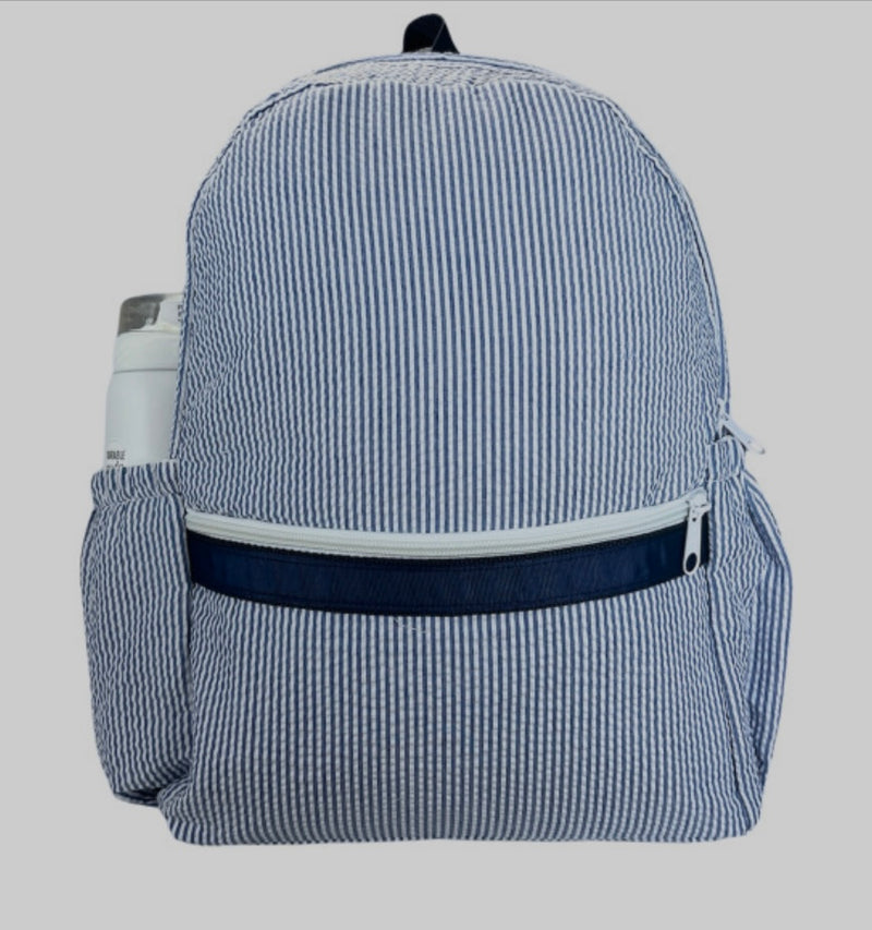 Oh Mint Medium Backpack with Pockets- Navy Seersucker