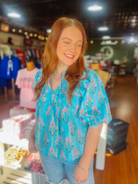 Sky Blue Floral Striped Blouse