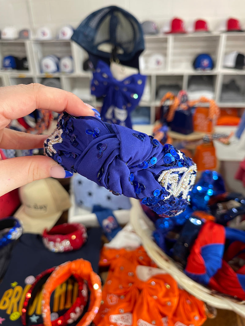 Royal Blue Game Day Knotted Beaded Headband