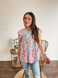 Sky Blue Shirred Yoke Ruffled Abstract Printed Blouse