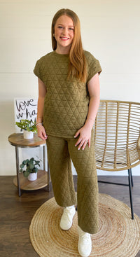 Sage Green Quilted Short Sleeve Wide Leg Pants Set