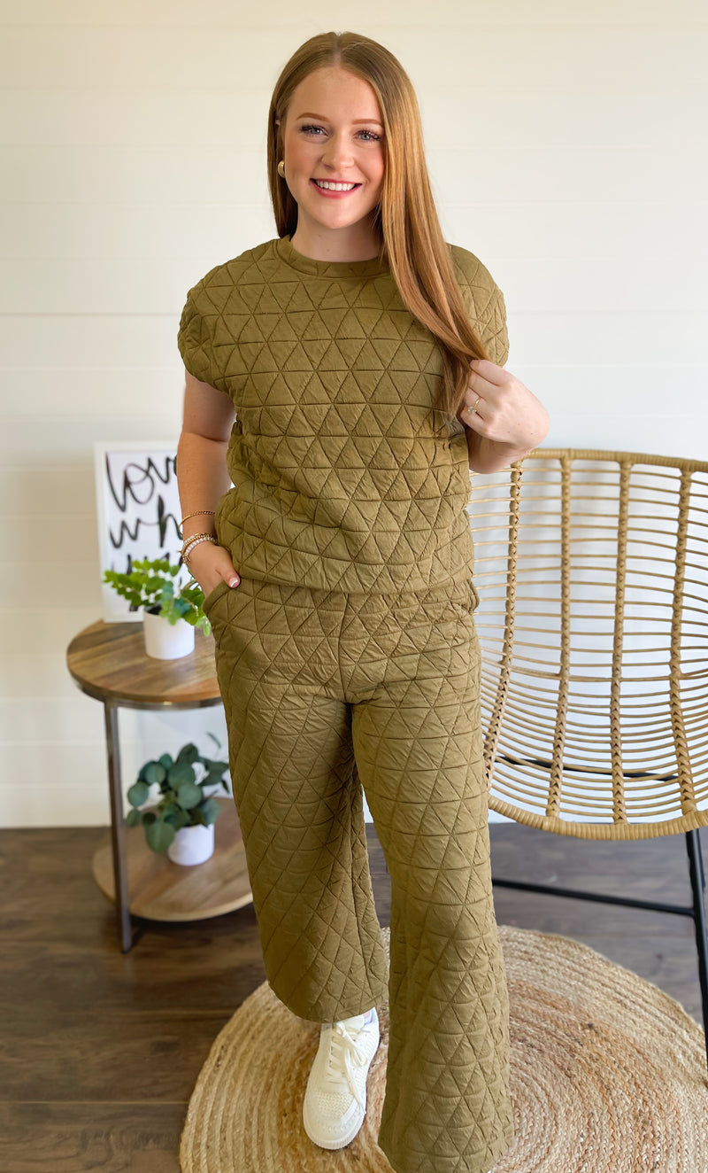 Sage Green Quilted Short Sleeve Wide Leg Pants Set