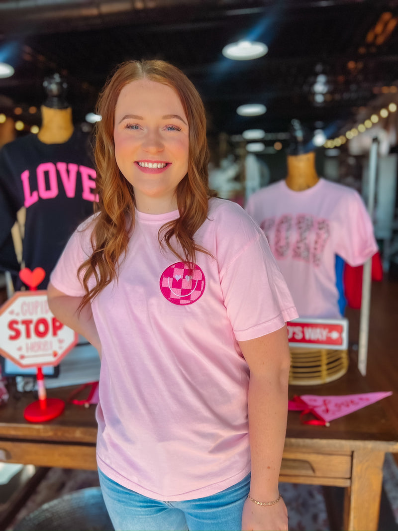 Valentines Checkered Smiley Face Embroidered Tee - Comfort Color