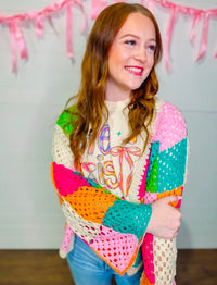 Multi Color Checker Open Knit Cardigan