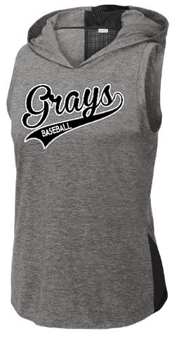 Sport-Tek Ladies Posicharge Tri-Blend Wicking Draft Hoodie Tank - Black/Dark Gray Heather Swoosh