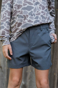 BURLEBO Youth Sizing Everyday Shorts- River Rock Grey/ Deer Camo